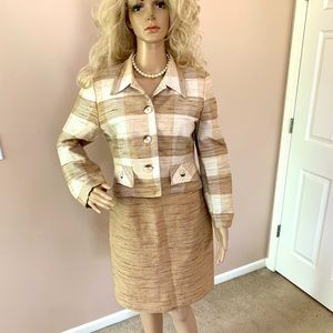 Beige Cream Checkered Blazer Skirt Suit Size 10